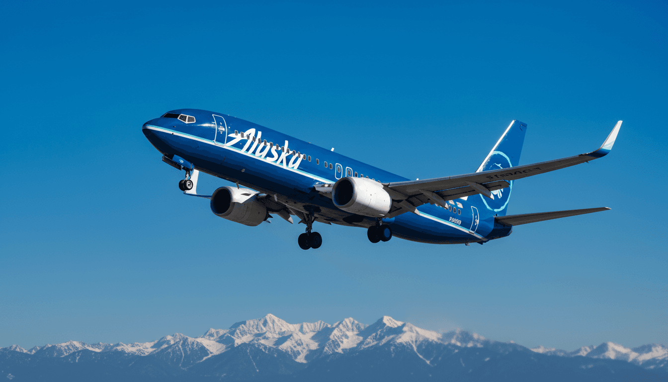 An Alaska Airlines aircraft taking off against a clear blue sky, symbolizing the airline's recent decision to expand network with four new destinations.