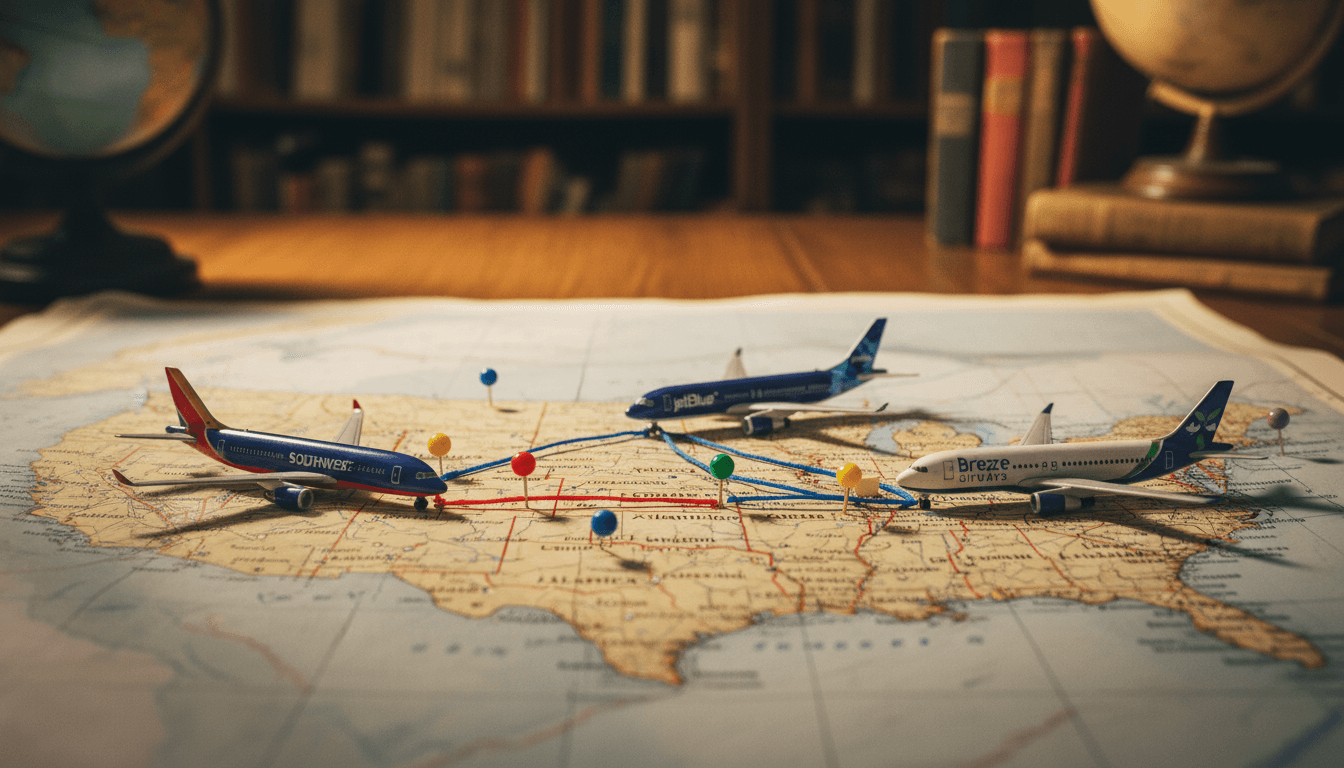 A detailed still life composition featuring miniature airplanes from Southwest, JetBlue, and Breeze, positioned on a map with pins marking Las Vegas, Orlando, Fort Lauderdale, Atlantic City, and Hawaii, symbolizing the massive airline expansion.