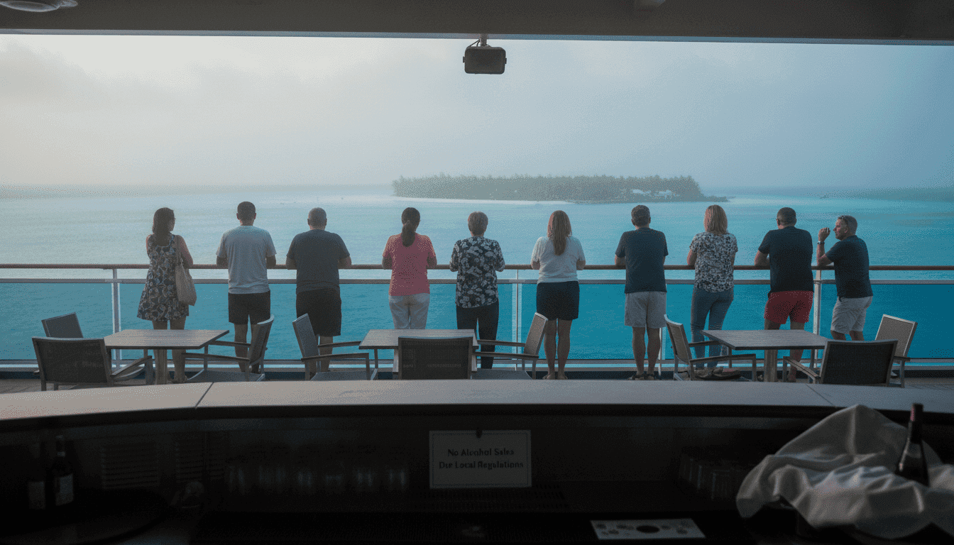 Tourists on a cruise ship deck looking towards a Bahamian island, with a 'No Alcohol' sign subtly visible near a bar, reflecting the Bahamas alcohol sales ban.