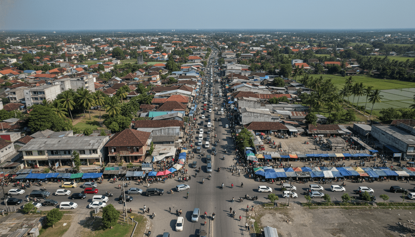 An aerial view of a bustling regional Indonesian town during an Indonesia long weekend travel shift, showing increased tourist activity.