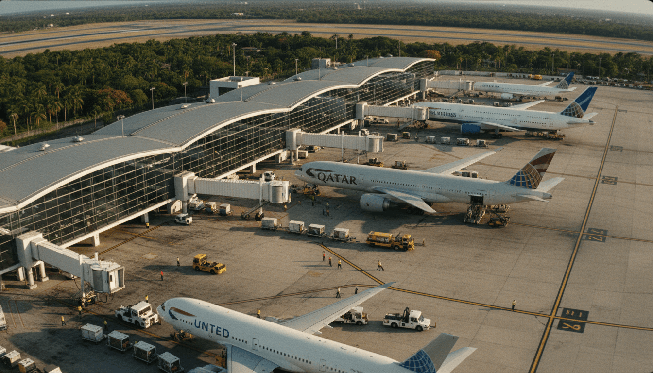 An aerial view of a bustling airport in Puerto Rico with multiple international flights parked at gates, showcasing the Puerto Rico tourism surge.