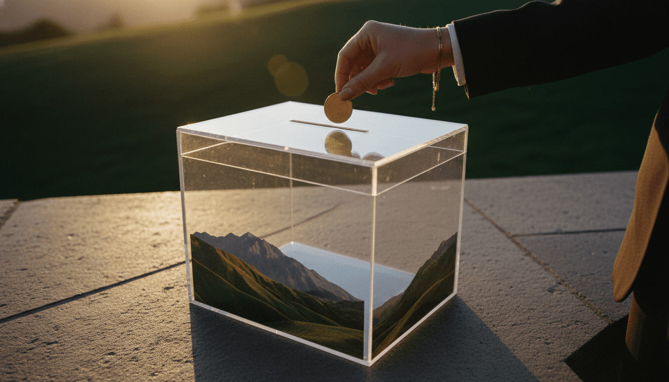 Close-up of a hand placing a coin into a transparent donation box, with a blurred New Zealand landscape in the background, symbolising the philanthropy route for investor visa.