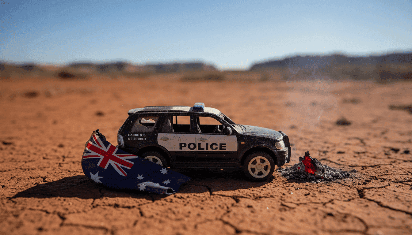 Police vehicles damaged and fires burning during unrest in an Australian town
