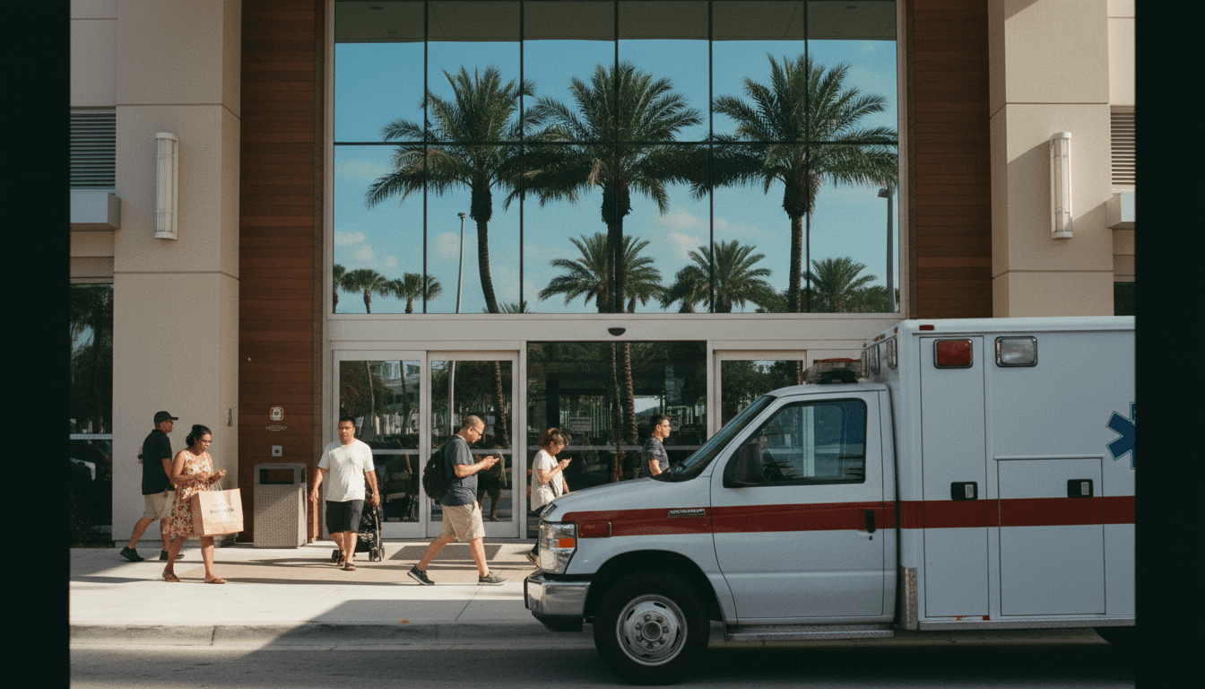 A street-level candid shot of a hospital entrance in Florida, suggesting Rudy Giuliani hospitalized.