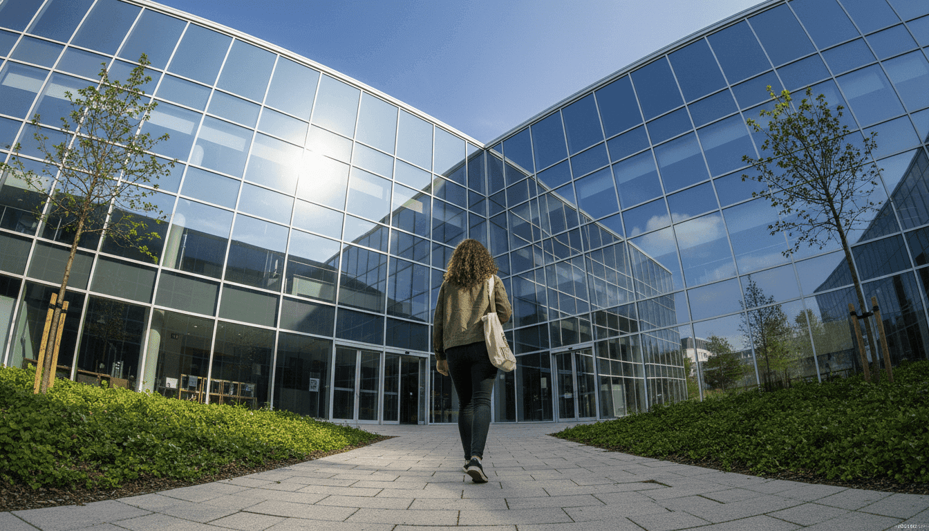 A student walking past a university building, holding a laptop, symbolizing how an international cyber attack disrupts education.