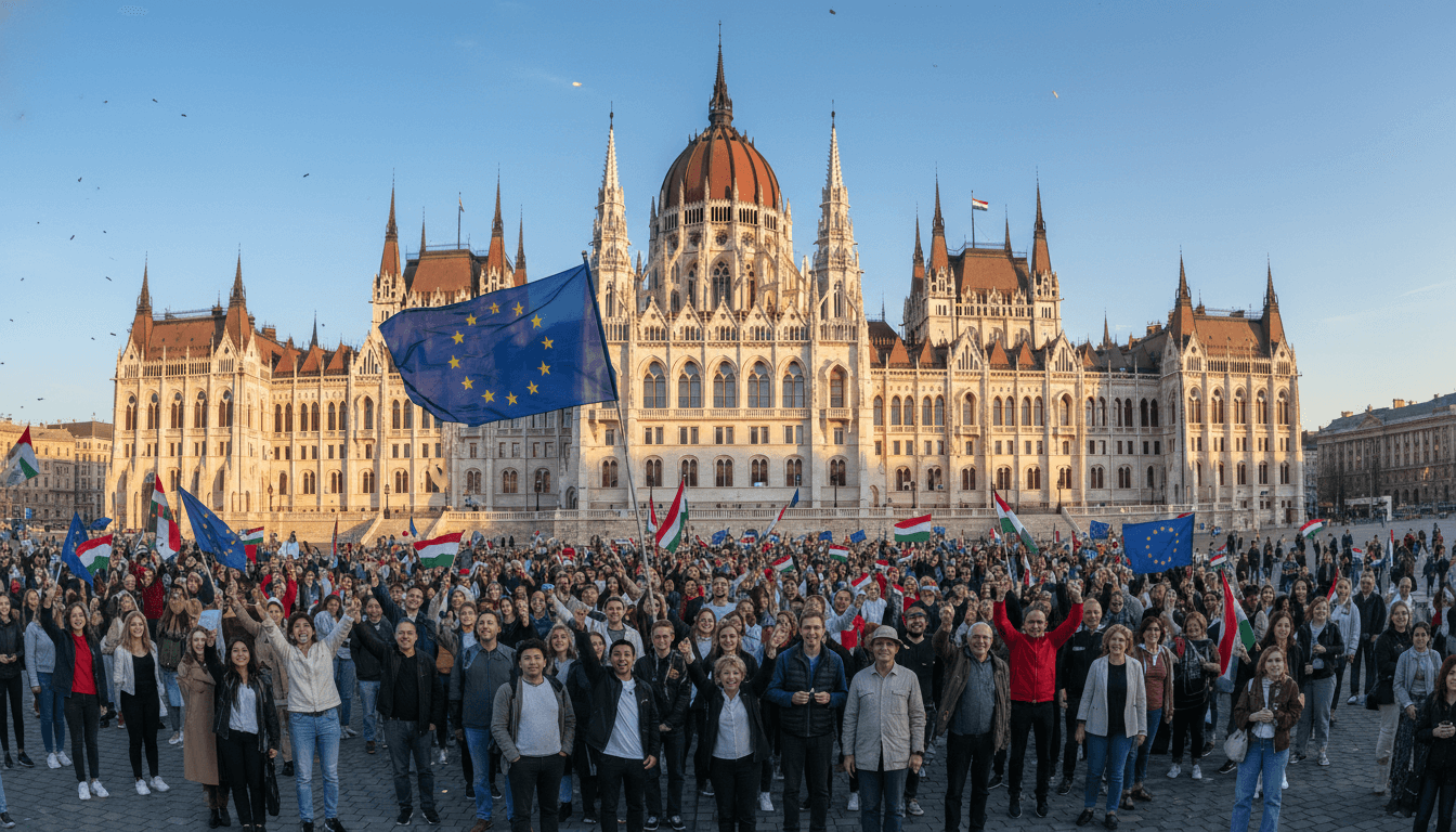 A wide shot of the Hungarian Parliament building with the European Union flag prominently displayed, signifying Hungary's new prime minister sworn in.