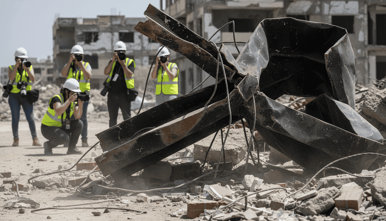 Close-up detail of a damaged police checkpoint barrier after a Pakistan car bomb attack, showing twisted metal and debris.