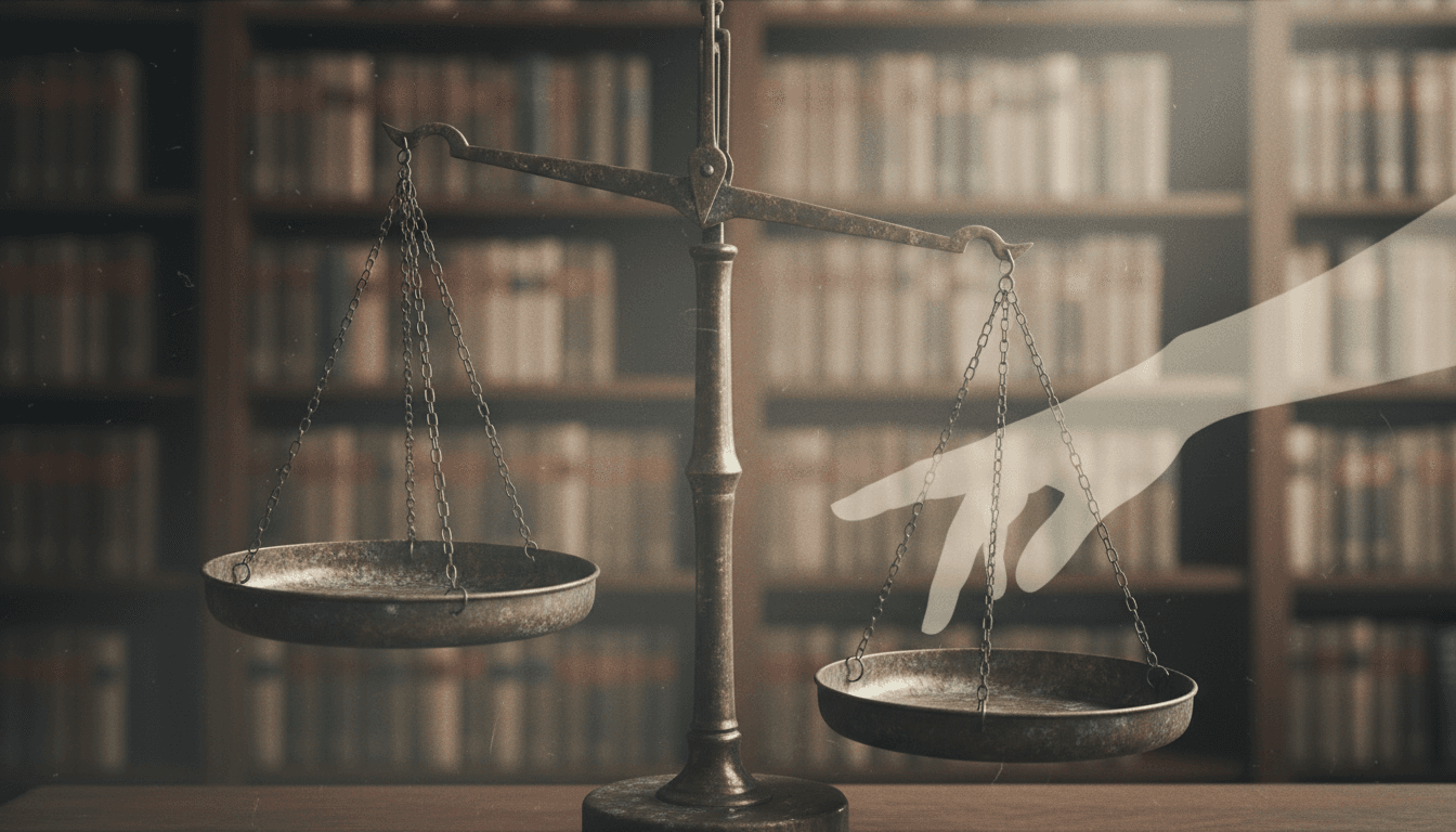 A conceptual image symbolizing the Alex Murdaugh murder conviction overturned, featuring scales of justice tilted by an unseen hand.