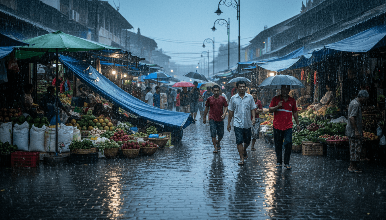 A bustling street market in Southeast Asia experiencing heavy rainfall, with vendors quickly covering their produce due to the El Niño resurgence.