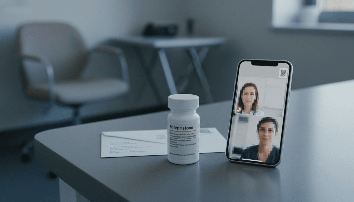 A still life composition featuring a small, white mifepristone pill bottle, a smartphone displaying a telehealth call interface, and a sealed envelope, symbolizing the Supreme Court restores abortion pill access.