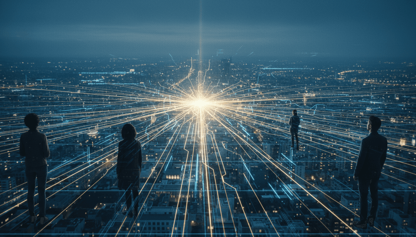 A futuristic energy grid illuminating a cityscape, symbolizing the impact of the NextEra Dominion merger on power infrastructure.