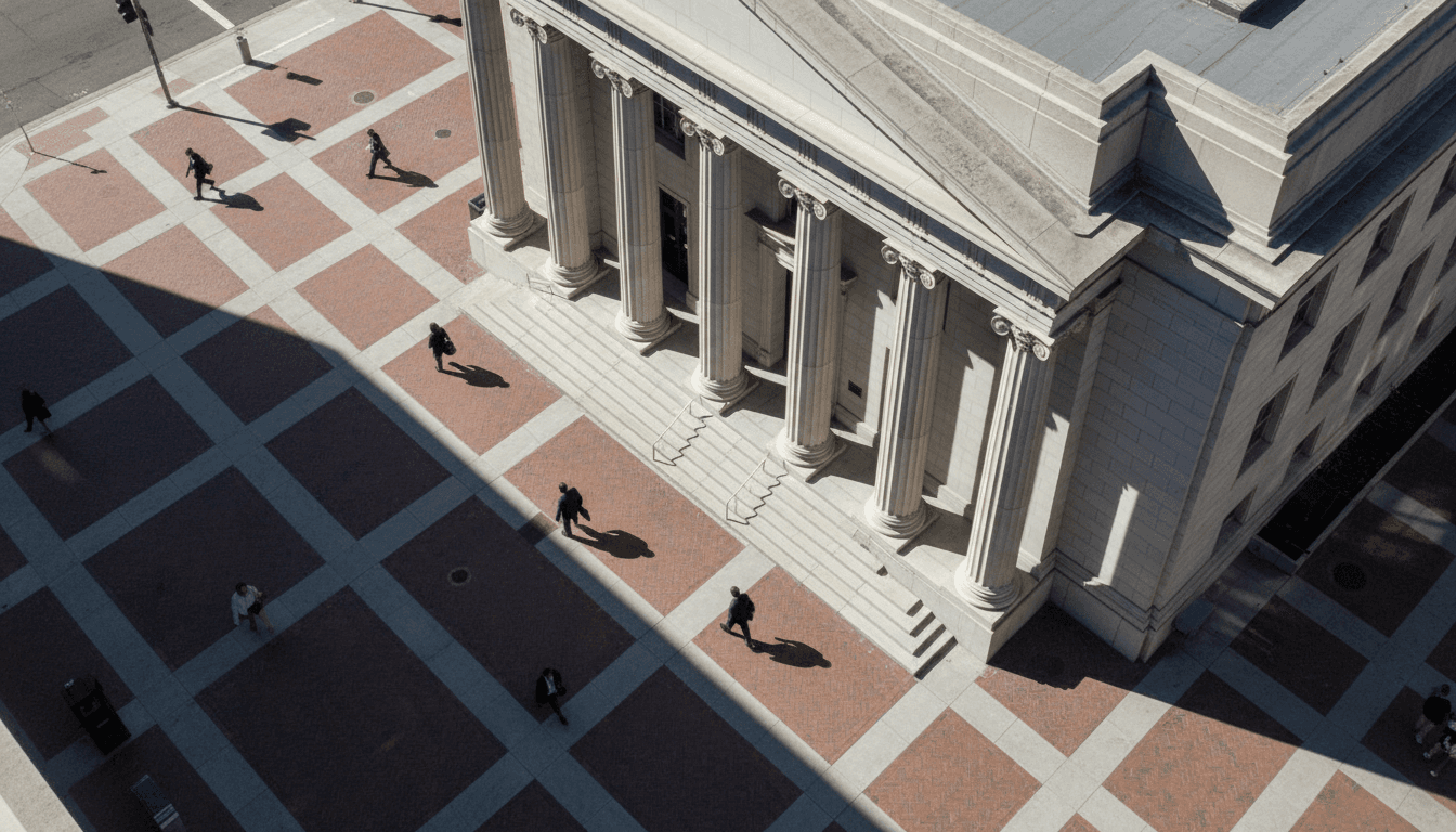 A street-level candid shot of the U.S. District Court for the Northern District of California in Oakland, where Musk loses OpenAI lawsuit