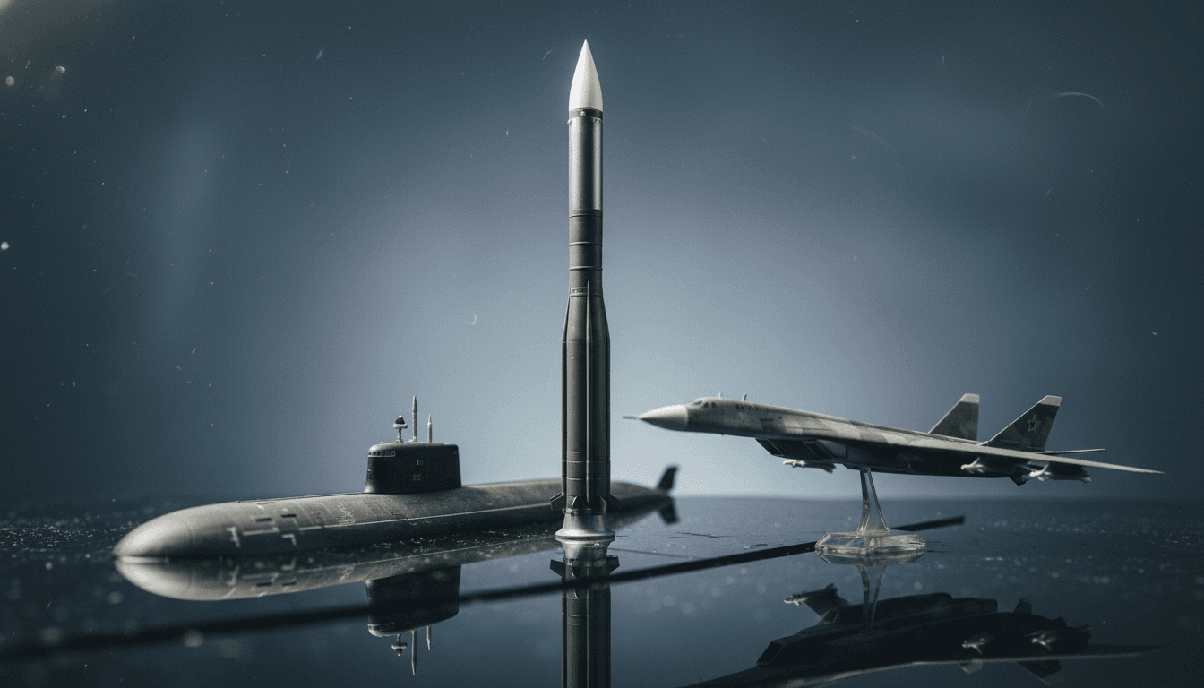A detailed close-up of a Yars ballistic missile model next to a miniature submarine model and a strategic bomber model, representing the components of Russia's massive nuclear drills.