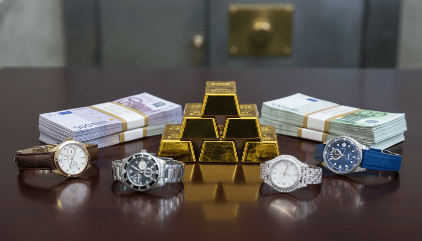 A detailed still life composition featuring gold bars, stacks of cash, and premium watches, symbolizing the Mafia mobster's millions.