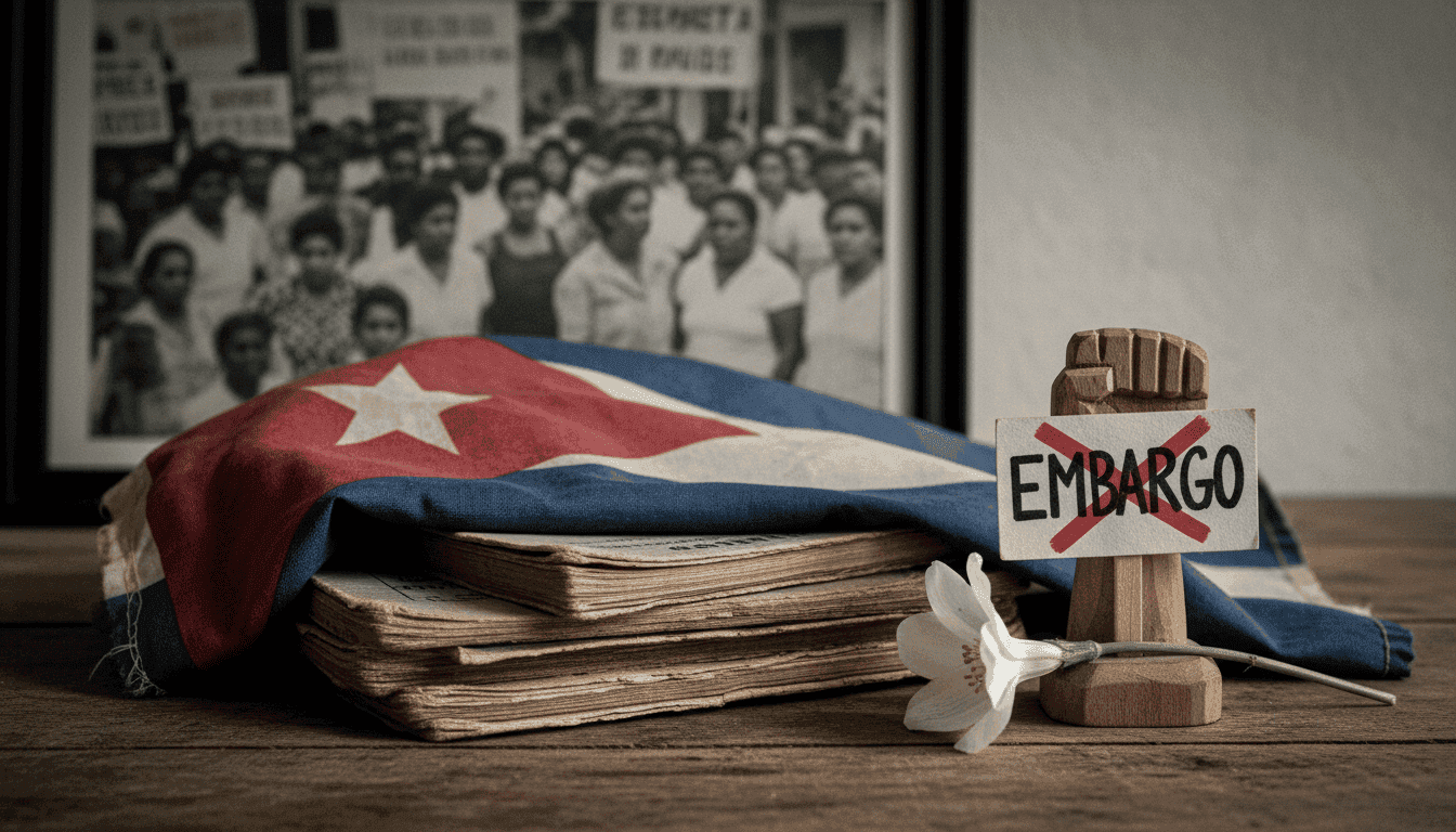 A vast crowd of hundreds of thousands protest against US embargo, waving Cuban flags and holding signs in a Havana plaza.