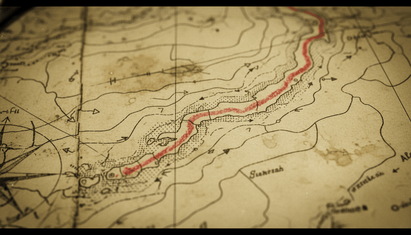 A detailed close-up of a navigational chart showing the intricate waterways of the Strait of Hormuz, with focus on shipping lanes and key strategic points, symbolizing the 2026 Iran war.