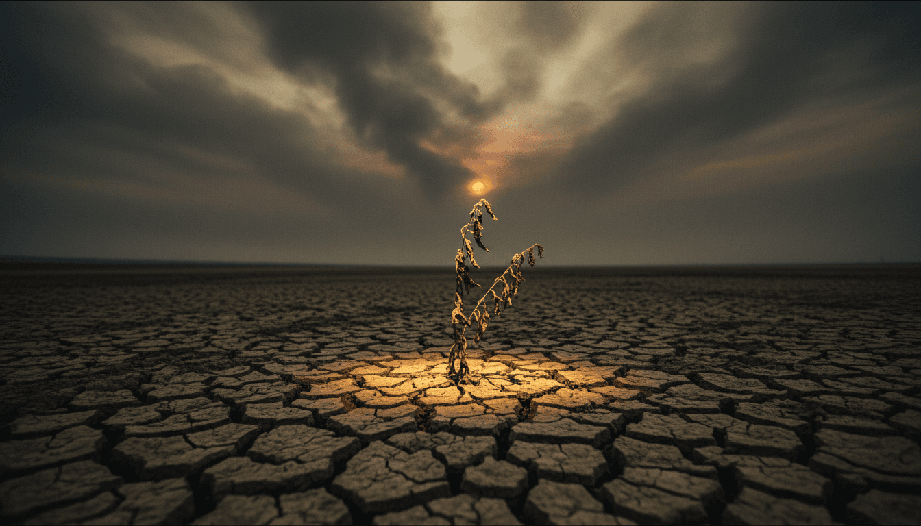 A conceptual image depicting the severe impact as Sudan's humanitarian crisis deepens, showing a parched landscape with a single, wilting plant, symbolizing loss and desolation amidst ongoing conflict.