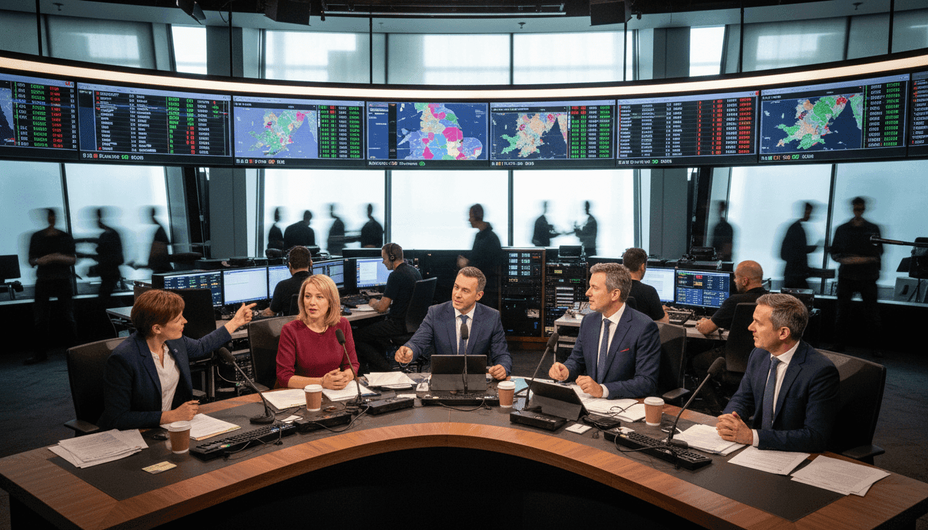A bustling newsroom with multiple screens showing live election results, anchors discussing a marathon election results service.