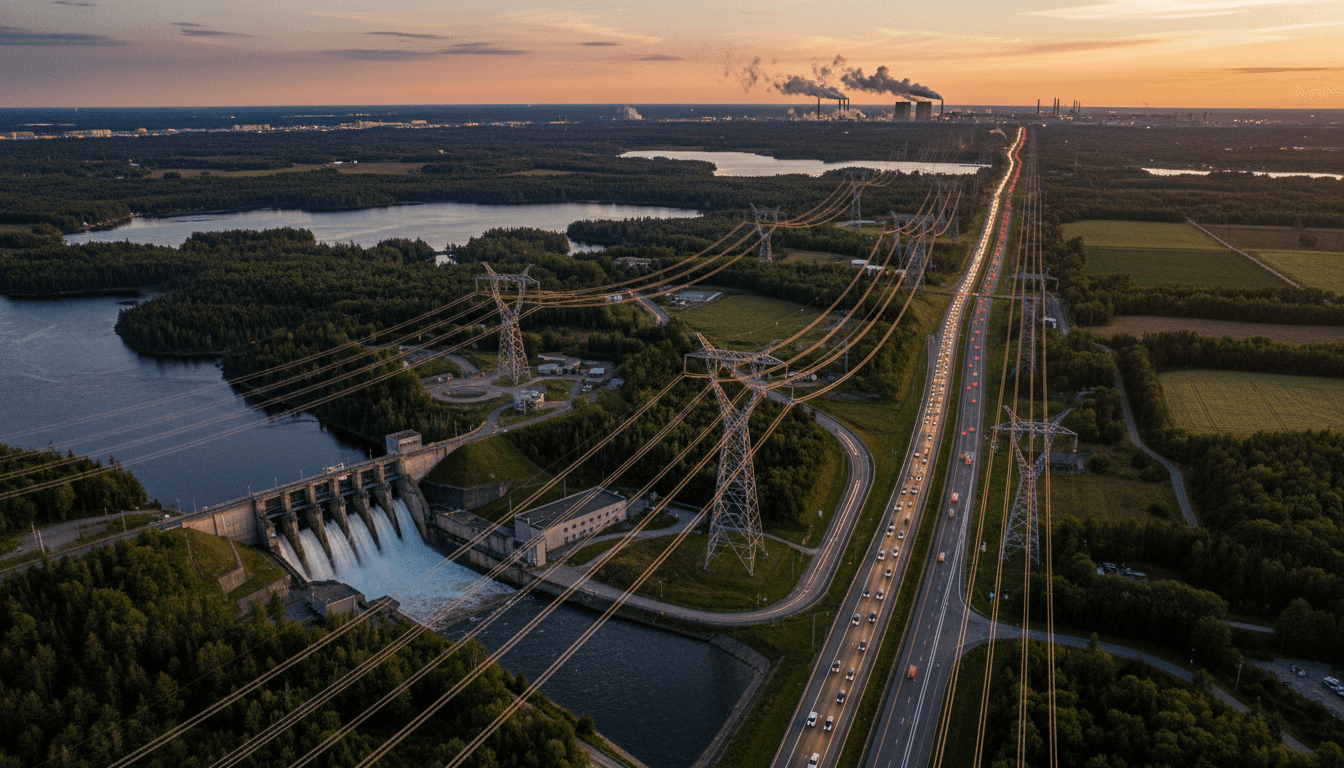 An aerial view of a sprawling Canadian city at dusk, with visible power lines and a large natural gas processing plant in the distance, illustrating the complex infrastructure behind a potential daily energy crisis soon.
