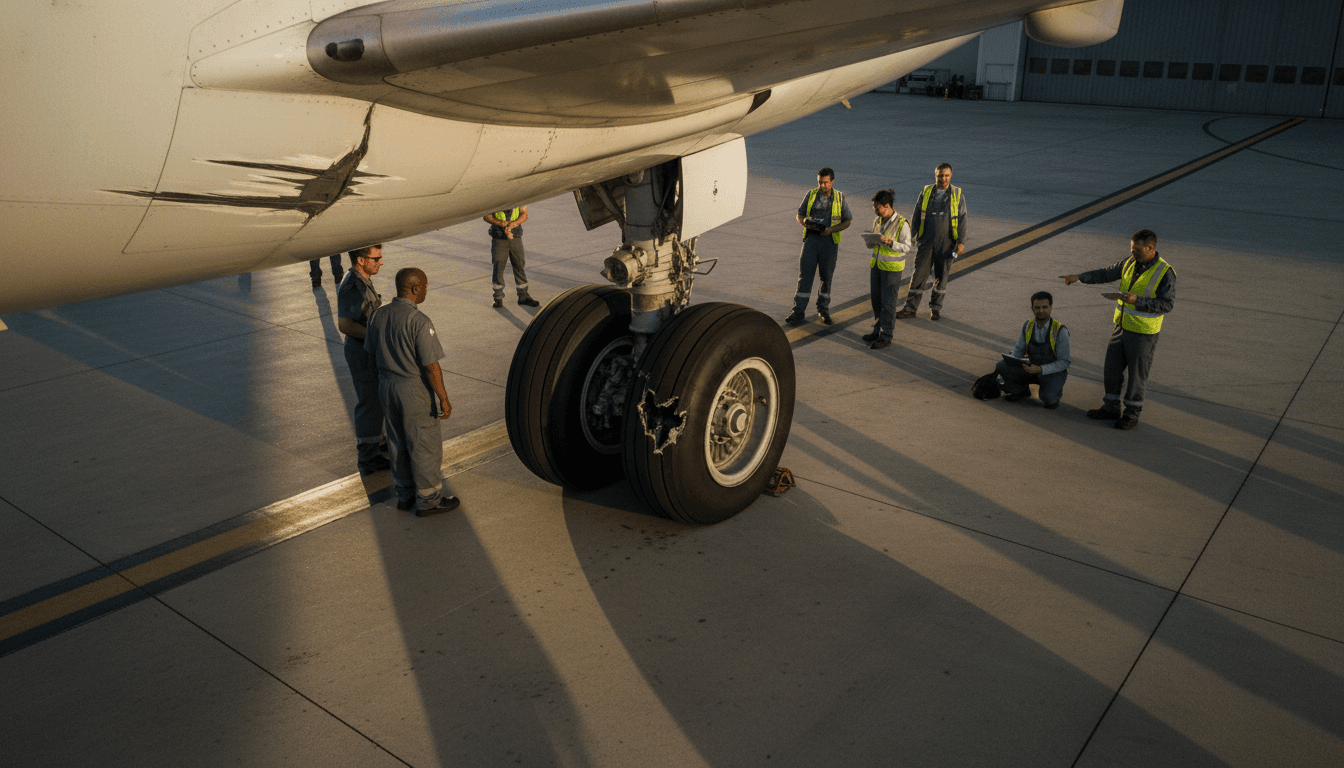Close-up of a damaged landing gear tire from a Boeing 767 after the Newark landing incident, showing scuff marks and debris.