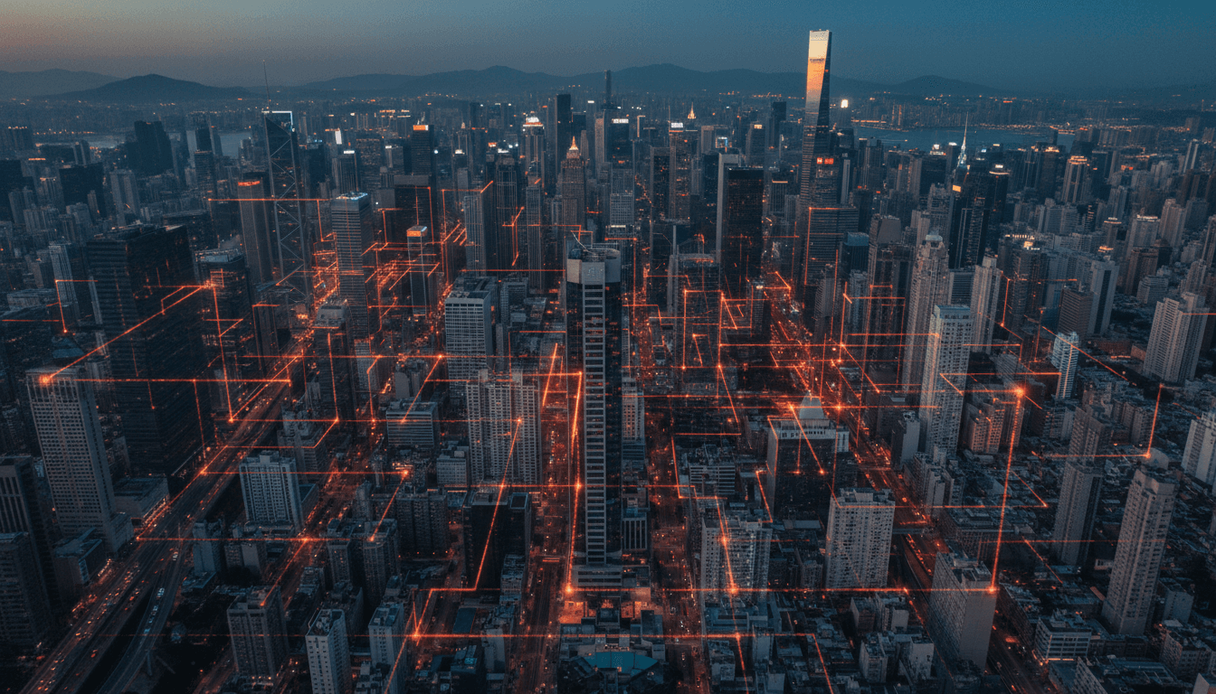 An aerial view of a global financial hub, with a digital network overlay signifying an AI cyberattack impacting interconnected systems.