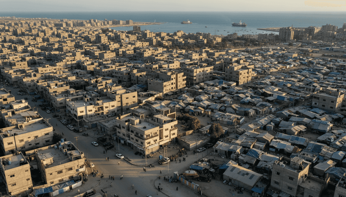 An aerial view of the Gaza Strip, showing the urban density and the demarcation lines, with a sense of calm after the Israel-Hamas ceasefire.