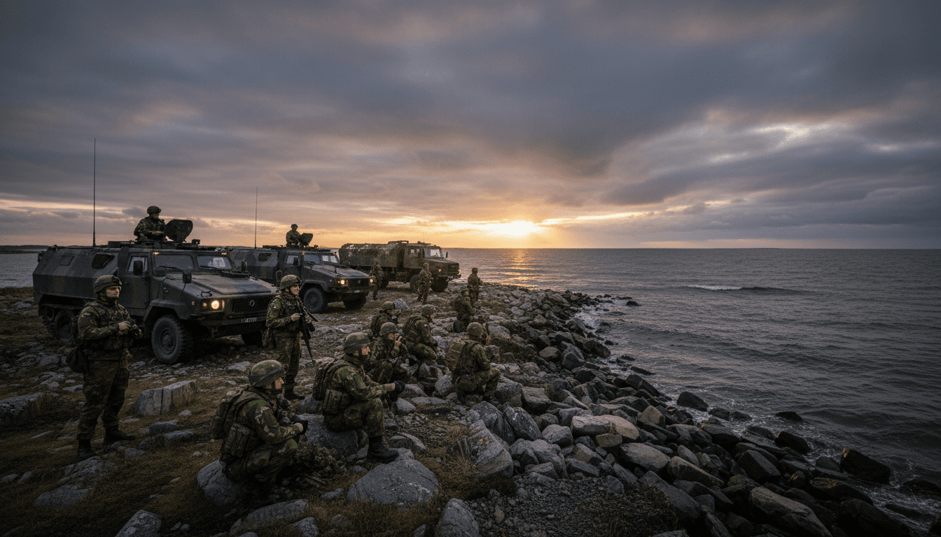 A NATO war game scenario unfolding on the strategic Swedish island of Gotland, with military vehicles and personnel positioned amidst coastal defenses.