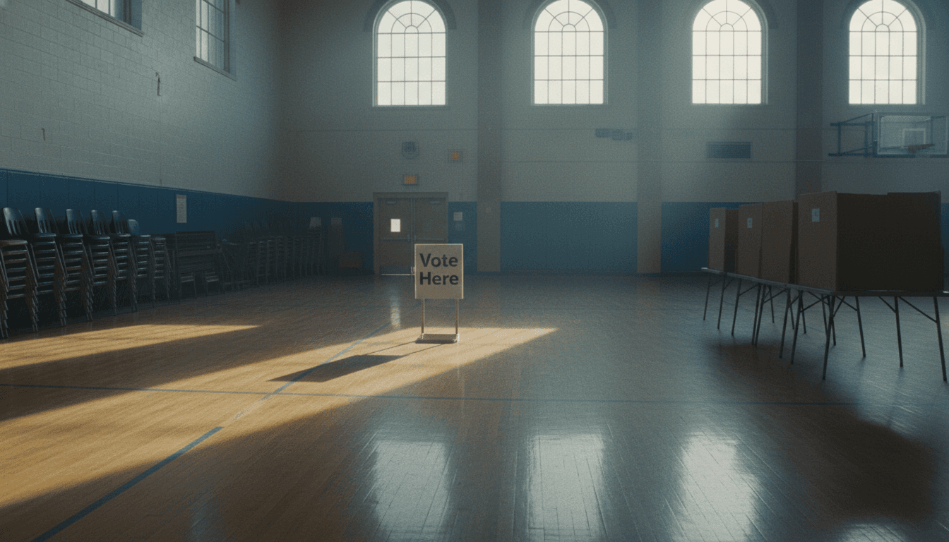 An empty polling station at dawn, with a 'Vote Here' sign, reflecting the quiet anticipation before the National primary elections 2026 results.