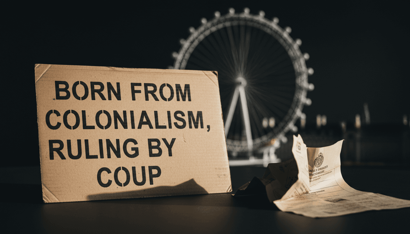 A protest sign held by Myanmar protesters rejecting embassy propaganda, featuring text 'Born from colonialism, ruling by coup' against a backdrop of the London skyline.