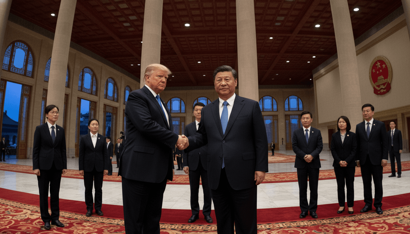 U.S. President Donald Trump and Chinese leader Xi Jinping shaking hands at the Great Hall of the People in Beijing, highlighting South Korea's pressures.