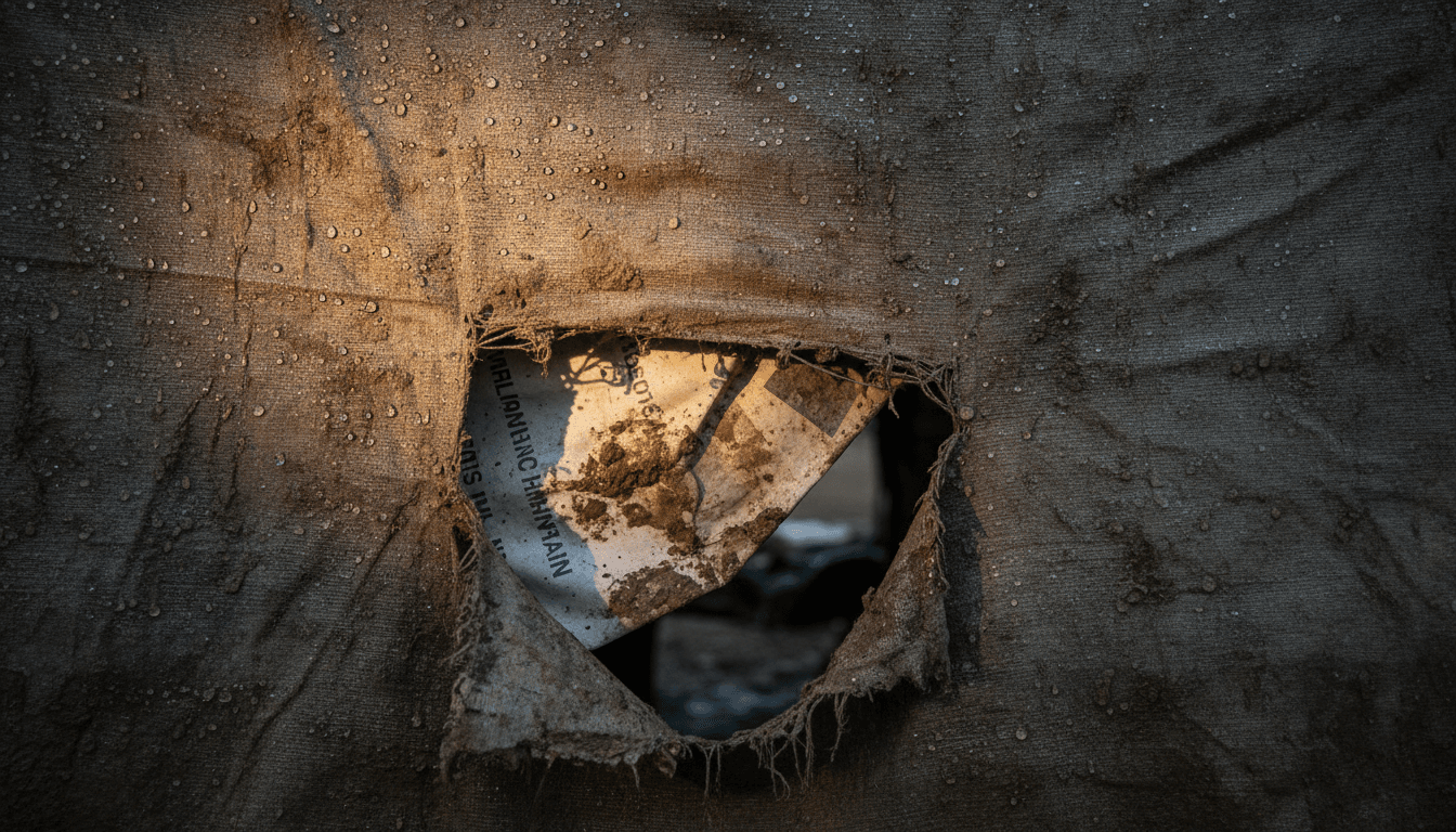 A close-up of a tattered, rain-soaked relief tent with the 'Lebanon humanitarian crisis' clearly visible on a faded aid package inside.