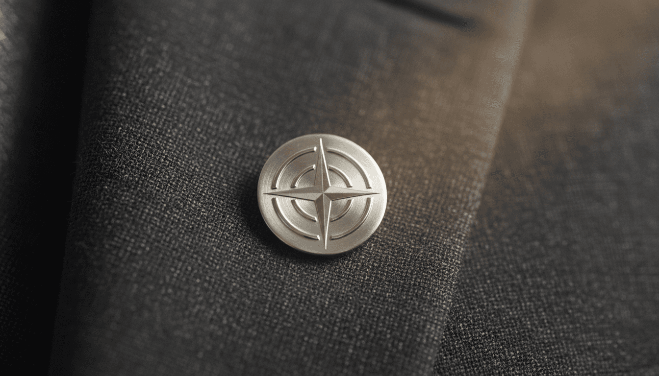 A close-up shot of an intricate, detailed NATO emblem pin on a dark, textured suit lapel, subtly reflecting light, symbolizing the focus on NATO military spending 2026.