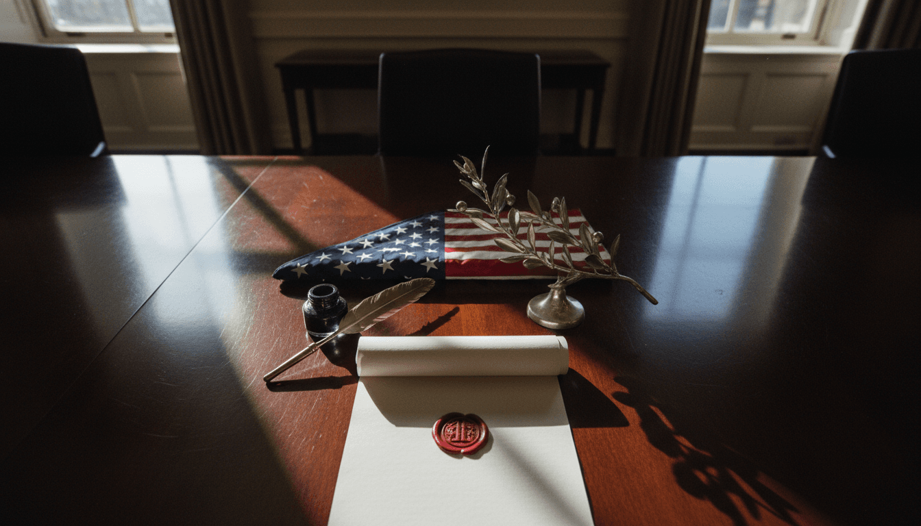 A still life composition featuring a folded American flag next to a rolled-up diplomatic document with a quill pen and a small, stylized olive branch, symbolizing the decision to Trump calls off Iran attack.