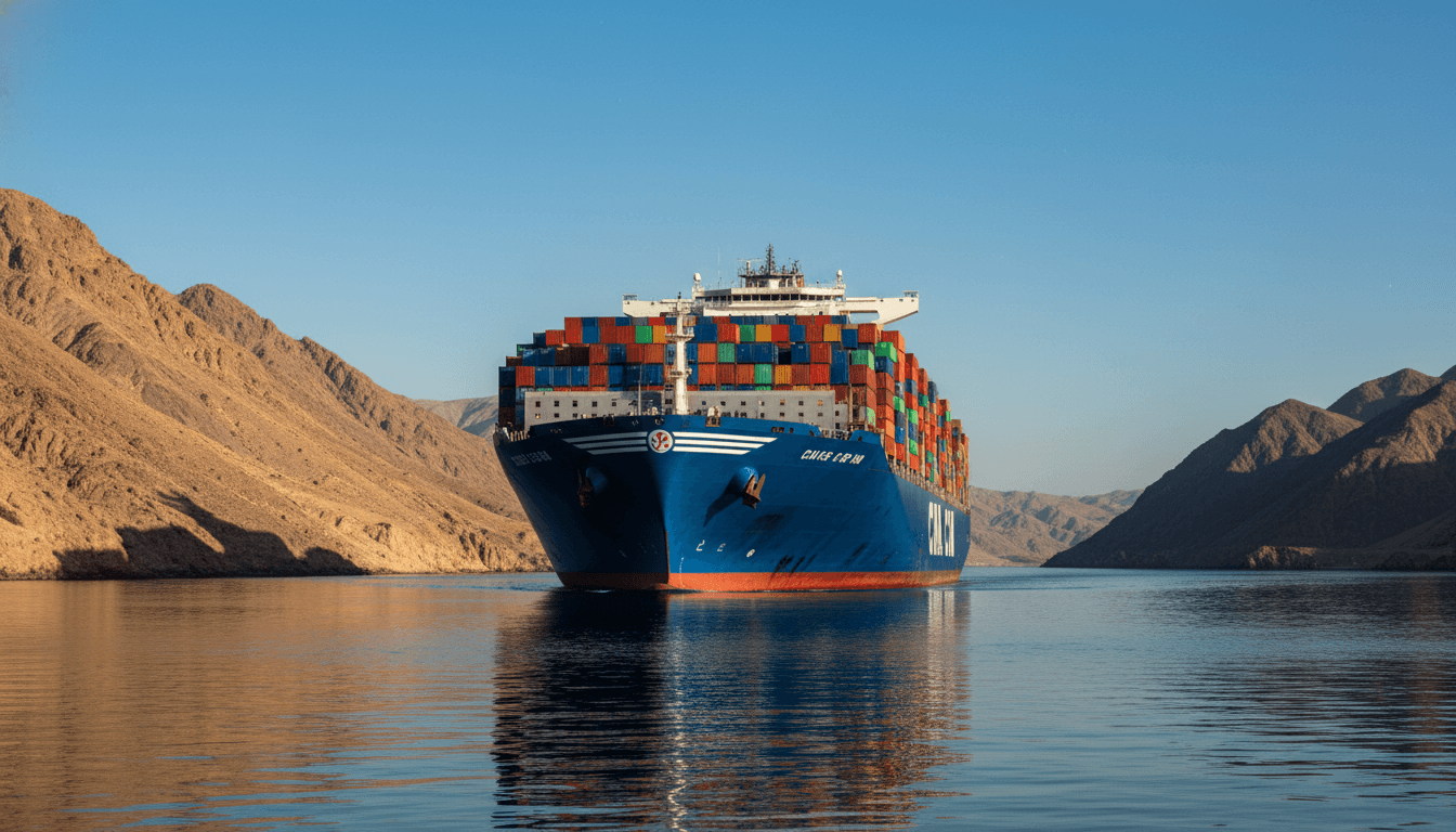 Large container ship navigating through a narrow, strategically important waterway like the Strait of Hormuz, with distant arid coastlines under a clear sky, symbolizing the Middle East crisis impact on global trade.