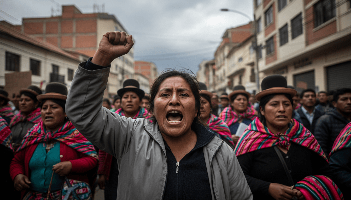 A woman shouts and shakes her fist during a march in La Paz, calling for the resignation of Bolivian President Rodrigo Paz, as Bolivian Congress approves troop deployment to quell protests.