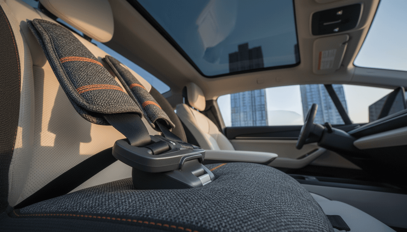 A close-up of a child's car seat buckle in a modern electric vehicle, emphasizing the safety and family-friendly features of the best electric cars for families.
