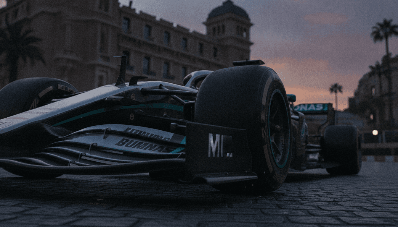 Kimi Antonelli in his Mercedes F1 car, celebrating his pole position at the Monaco Grand Prix.