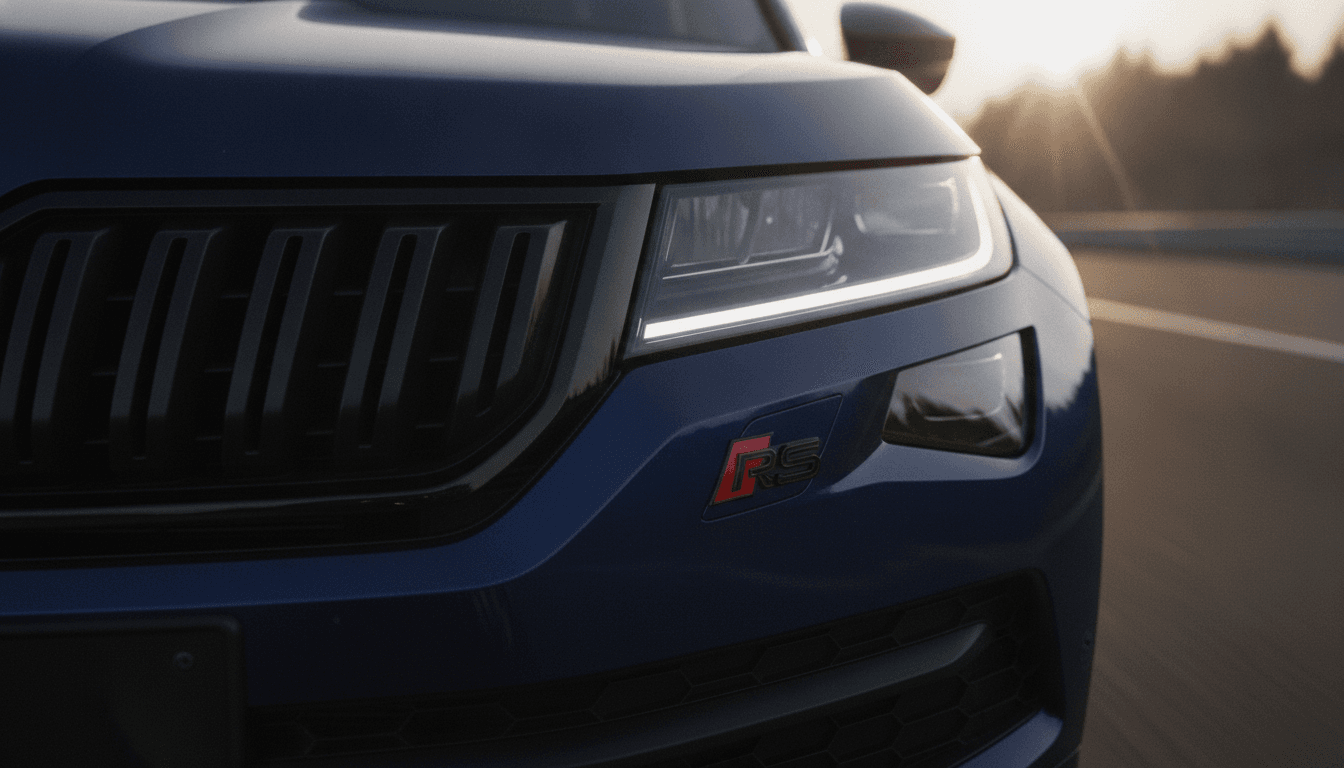 A close-up detail of the front grille and headlight of a modern Skoda Kodiaq RS, highlighting its sporty design elements.