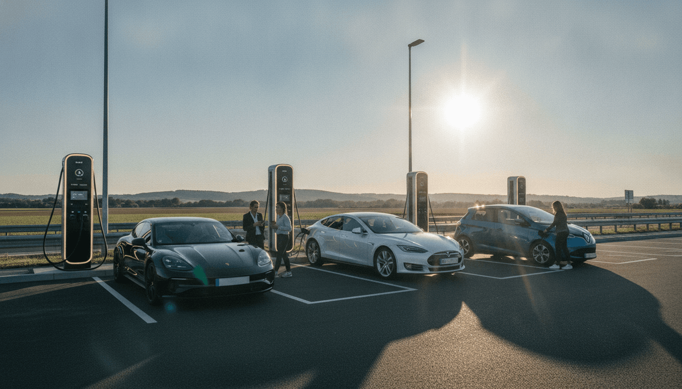 A modern, sleek electric vehicle charging station with multiple ultra-fast chargers operating along a French highway, reflecting the growth of the France electric vehicle charging infrastructure market.