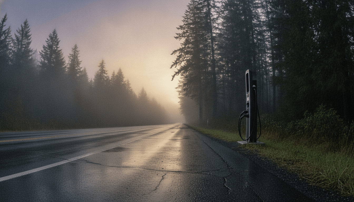 A quiet, misty morning scene on a rural Washington highway, with a newly installed electric vehicle charging station visible by the roadside, subtly indicating Washington expands EV charging network.