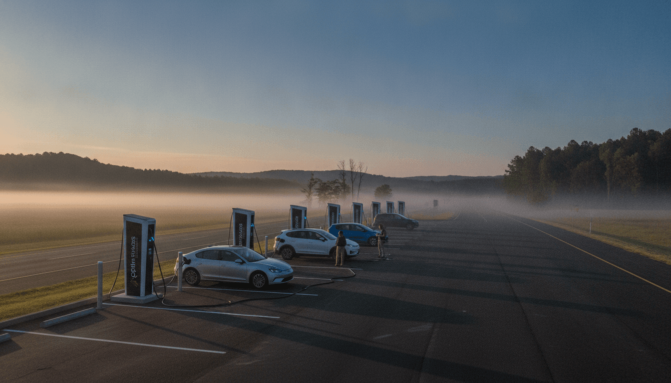 A wide shot of a South Carolina EV fast-charging network station under the Optimus Energy Solutions brand, with several electric vehicles charging.