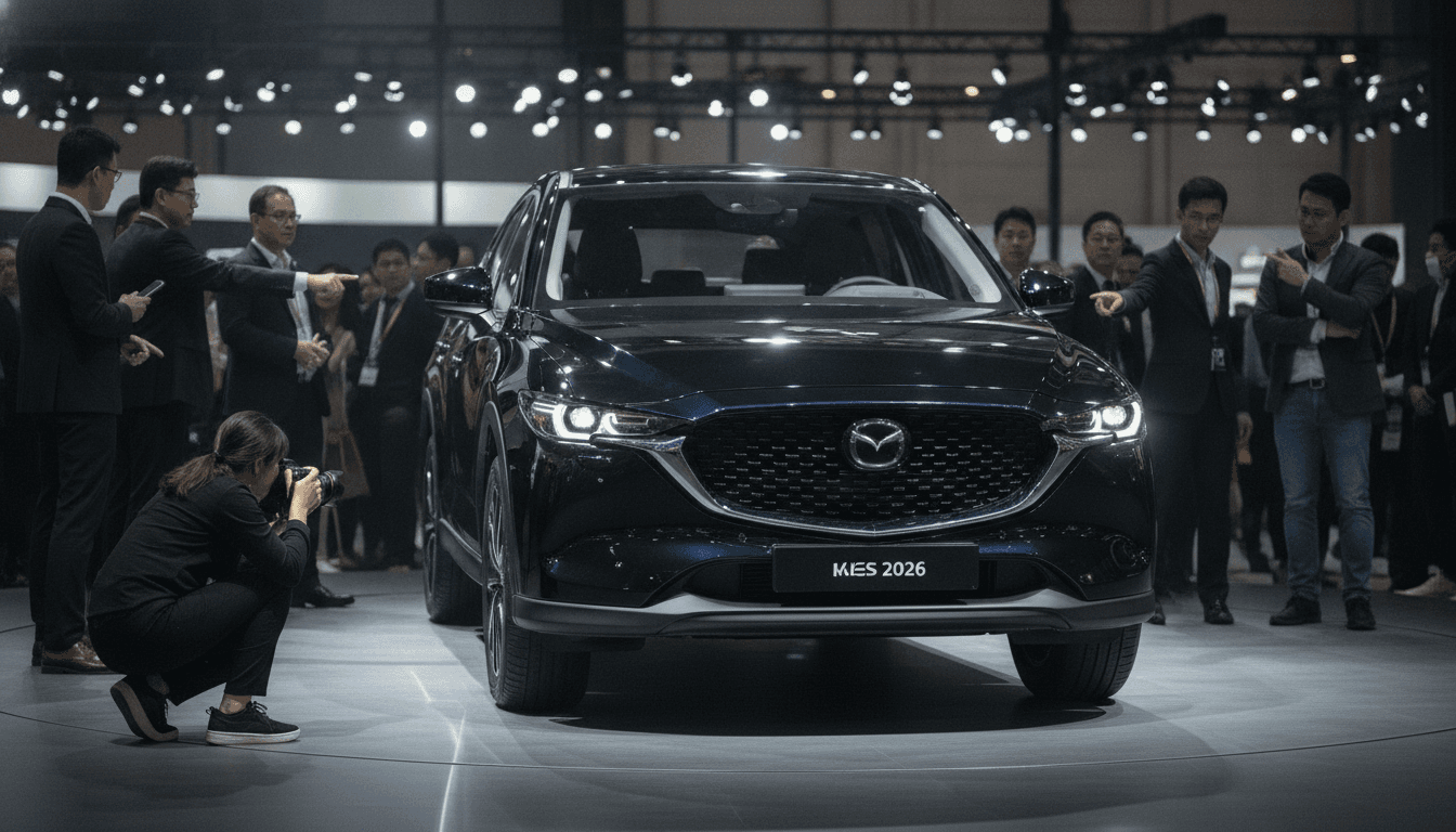 A detailed front-three-quarter view of the new 2026 Mazda CX-5 on display at KLIMS, showcasing its refreshed Kodo design and larger dimensions.