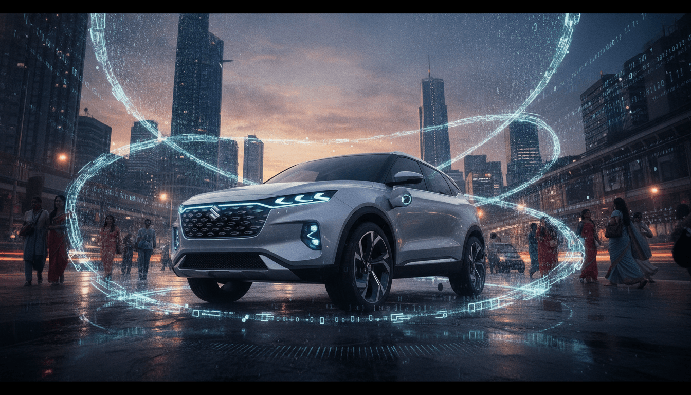 A sleek, futuristic Maruti SUV concept car, with subtle electric vehicle charging port visible, symbolizing the new Maruti cars coming soon. The car is surrounded by a digital interface showing AI-driven design simulations.
