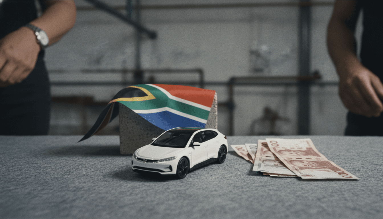 A detailed still life composition featuring a miniature BYD electric vehicle model, a South African flag, and a small stack of South African currency, symbolizing South Africans warming to EVs.