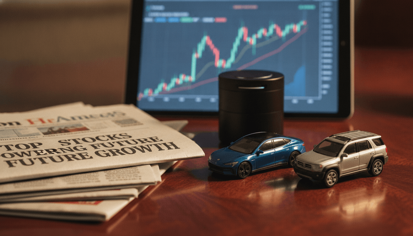 A meticulously arranged still life featuring miniature electric vehicle models, a financial news printout with 'top stocks powering future' highlighted, and a small, stylized autonomous vehicle sensor.