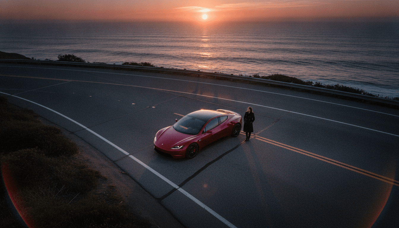 A sleek, red Tesla's Original Roadster parked on a scenic coastal road at dusk, embodying the start of the electric revolution.