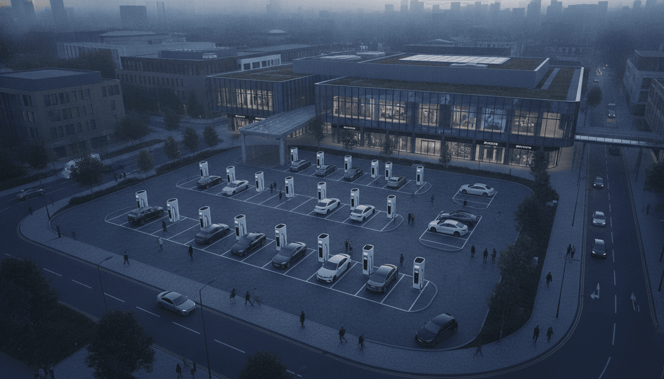 An aerial view of a futuristic BYD charging station featuring 5-minute EV charging technology in a bustling UK city.