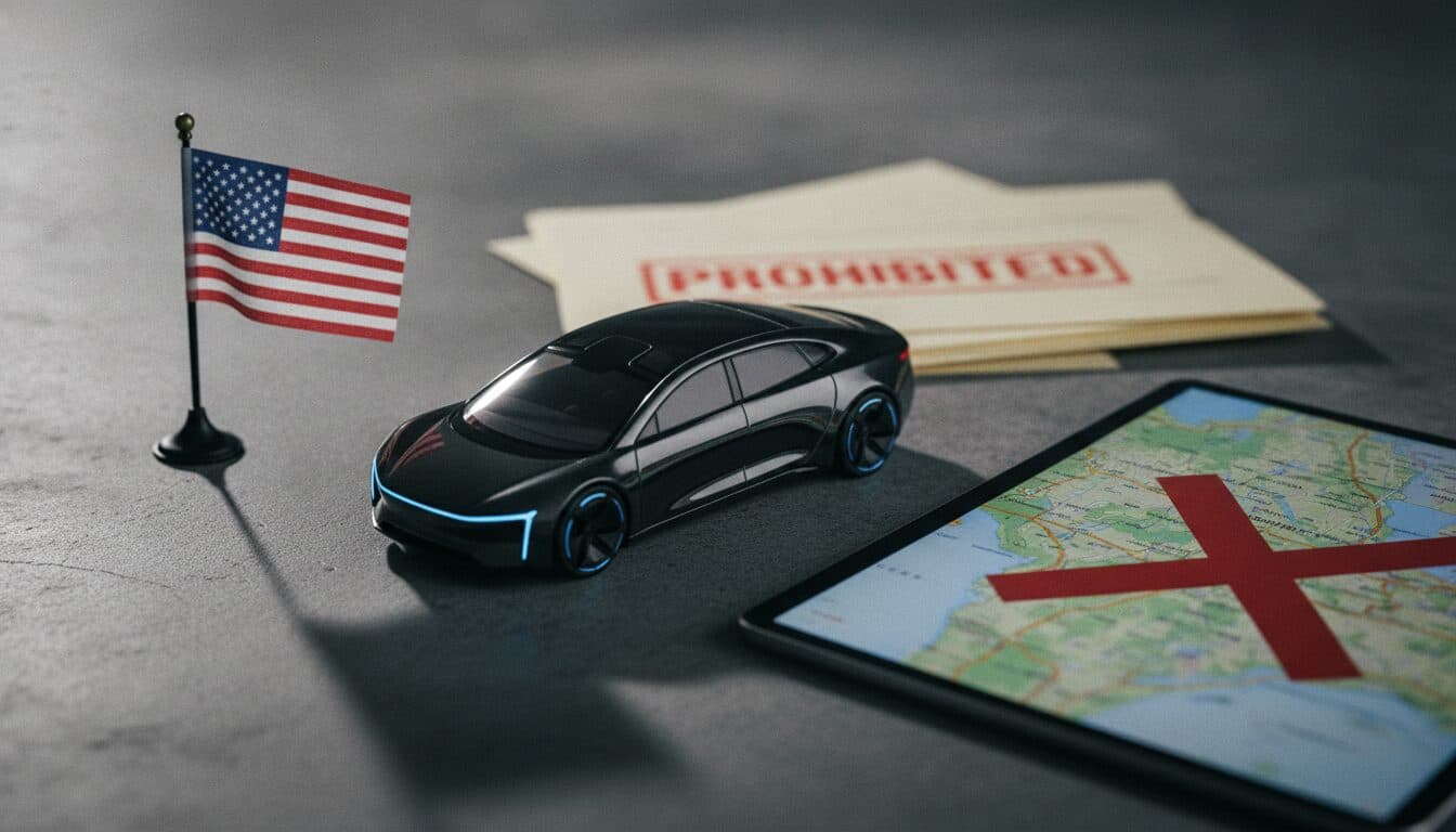A sleek, futuristic Chinese self-driving EV concept car displayed behind a prominent red 'BANNED' stamp, symbolizing the USA's prohibition.
