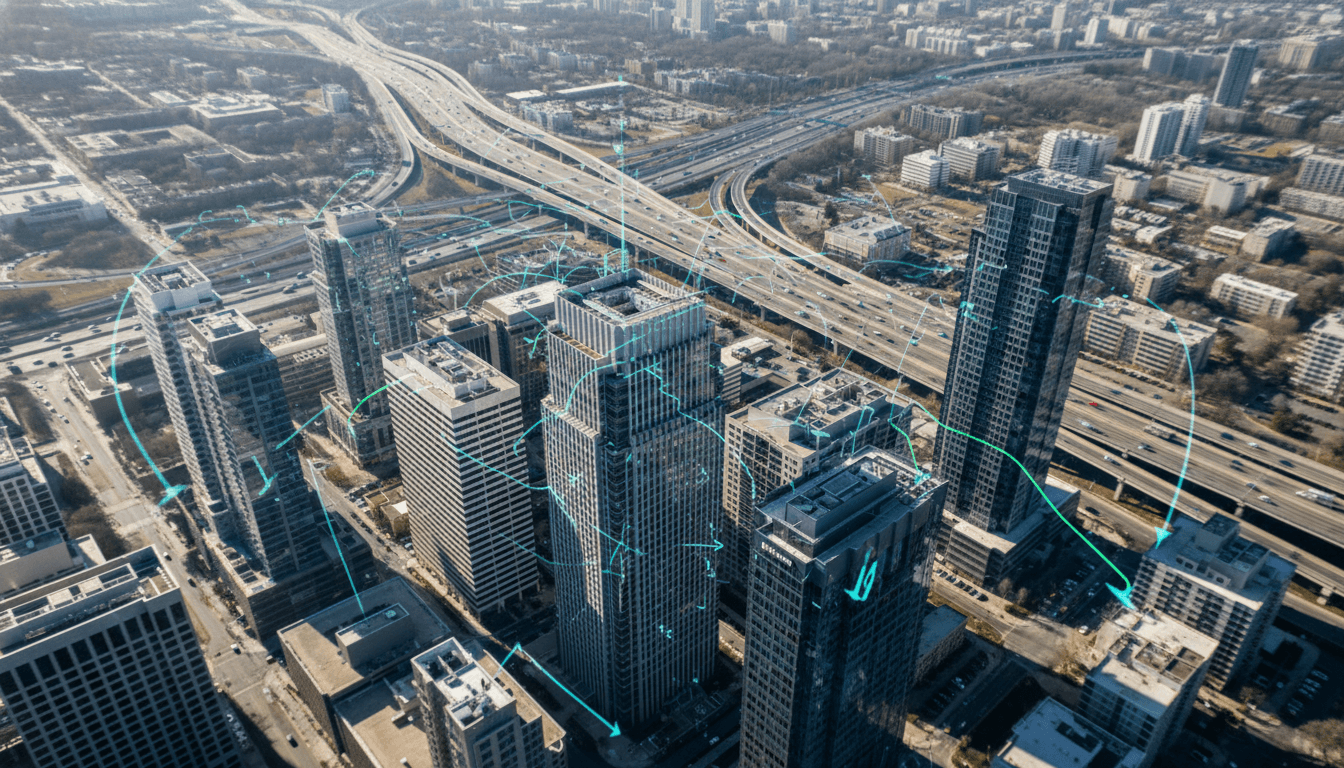 Aerial view of a bustling financial district with digital overlays showing money flow, symbolizing the ₹700 crore black money scheme investigation.