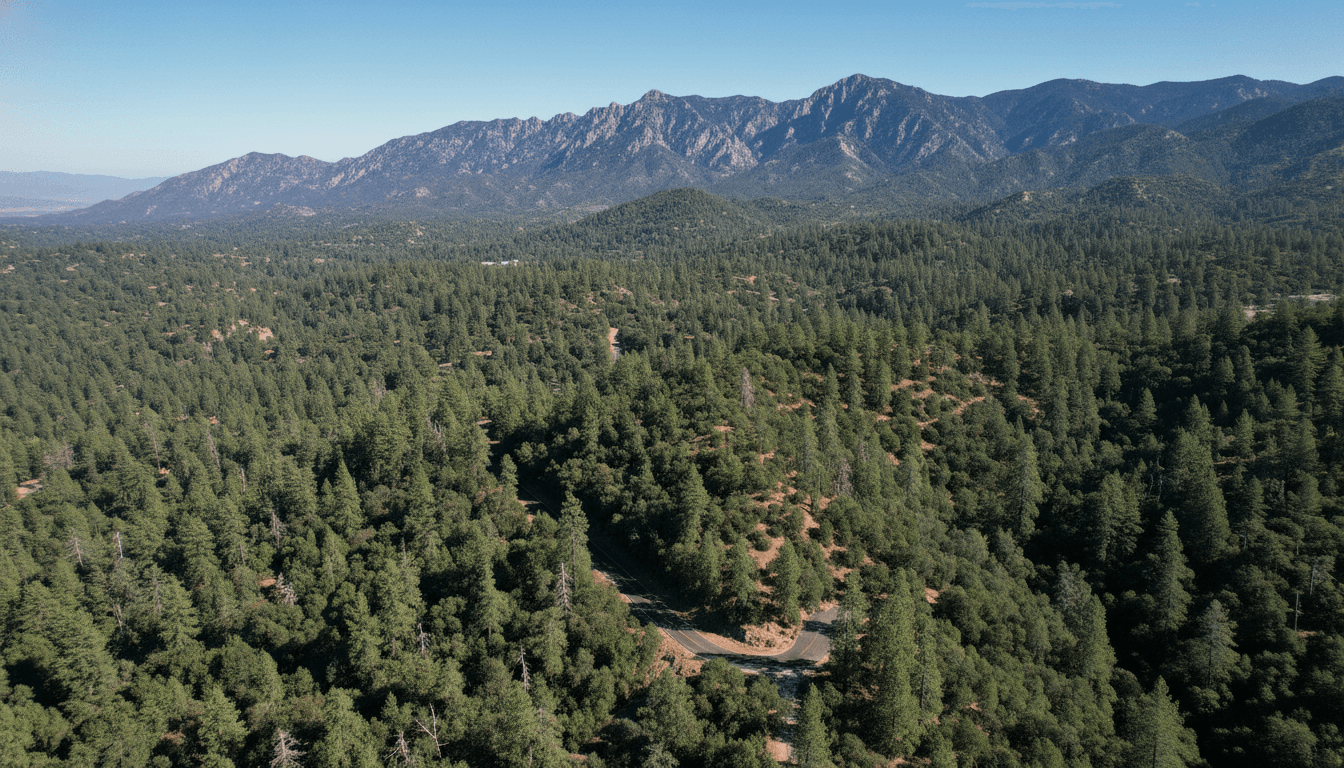 An aerial view of the vast, dense Angeles National Forest, emphasizing the remote and rugged terrain where the 2017 triple murder took place, highlighting the challenge of a federal jury conviction.